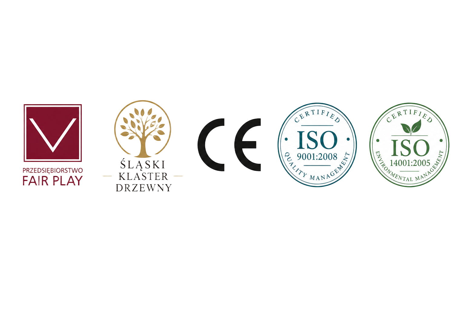 Certyfikaty: Przedsiębiorstwo Fair Play, Śląski Klaster Drzewny, CE, ISO 9001:2008, ISO 14001:2005