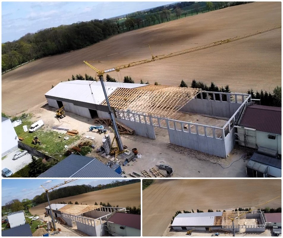 Hala produkcyjna – Montaż wiązarów z użyciem dźwigu wieżowego